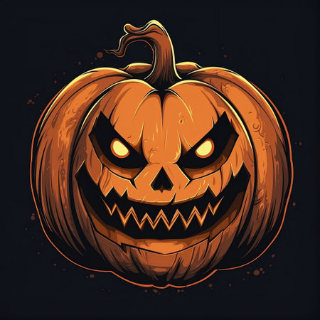 Halloween decorative element, spooky pumpkin character with scary smile on face. Scary Jack O Lantern on black background. Halloween traditional element, trick or treat. AI Generated.の素材