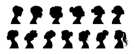 Black silhouette of woman big set, side view, face and neck only. Female silhouette. Women's equality day. International Women's Day. Set of vector womens silhouettes isolated on white background.のイラスト素材