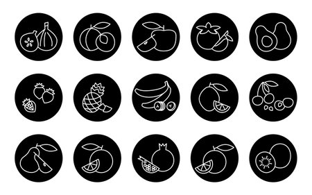 Set black round fruit icons. Vector circle buttons of fruits and berries in block style. Concept of proper nutrition and healthy food. Black round vegetarian vegan food icons for site or mobile app.のイラスト素材