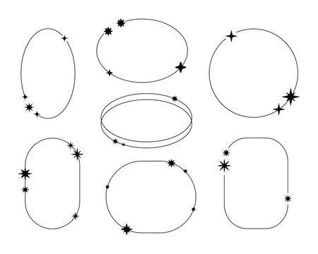 Modern trendy frames with stars and sparkles, geometric shapes. Set aesthetic line frames, boho style. For wedding invitations, for aesthetic design and decor, for minimalist celestial collages.のイラスト素材