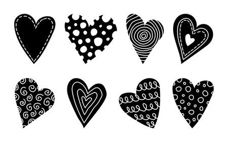 Valentine's day hearts set. Love and Valentines day concept. Hand drawn patterned cute black hearts. Trendy decorative elements for romantic template, greeting cards, stickers. Baby doodle heart.のイラスト素材