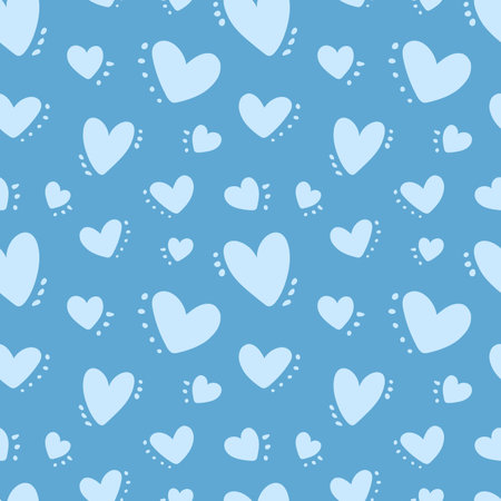 Cute baby blue pattern with hearts and spots, dots, love texture, romantic print. Seamless pattern for Valentine's Day. for fabric, for textile, with cute hearts, simple hand drawn children's print.のイラスト素材