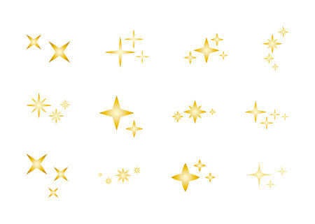 Set of decorative golden stars elements. Gold gradient little sparkles, isolated on white background. Cute yellow star silhouettes for decorating invitations and cards, holiday decor and design.のイラスト素材