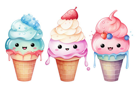 Watercolor kawaii ice cream set cartoon character. Kawaii ice cream stick cartoon character illustration. Delicious cold creamy ice cream in a waffle cup, watercolor clipart. AI Generated.の素材
