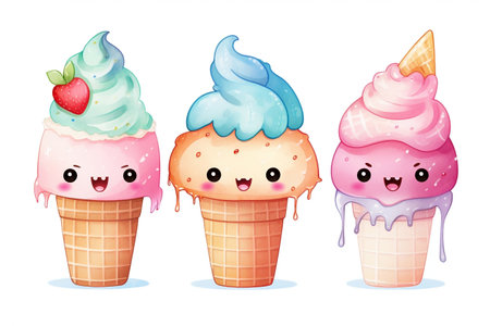 Watercolor kawaii ice cream set cartoon character. Kawaii ice cream stick cartoon character illustration. Delicious cold creamy ice cream in a waffle cup, watercolor clipart. AI Generated.の素材