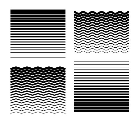 Fading Lines set. Striped Pattern. Halftone Gradient Lines. Black wavy and zigzag lines for minimalist banners and posters. Geometric background.のイラスト素材