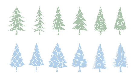 Patterned Christmas trees. New Year's decorative elements of nature and forest. Pine, fir, spruce colored illustration. Set hand drawn simple blue green patterned Christmas tree for winter holidays.のイラスト素材