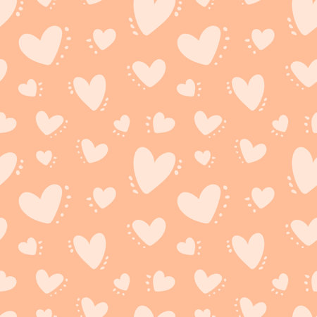 Cute baby peachy pattern with hearts and spots, dots, love texture, romantic print. Seamless pattern for Valentine's Day. for fabric, for textile, with cute hearts, simple hand drawn children's print.のイラスト素材
