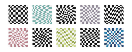 Psychedelic checkerboard background. Groovy patterns set. Geometric abstract retro vintage pattern. Background of distorted squares. Checkered wavy wallpaper.のイラスト素材