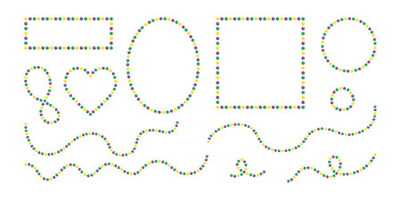 Set of Mardi Gras decorative elements - beads and bracelets, frames, overhanging beaded jewelry. Festive vector illustrations isolated on white background, for holidays invitations. Beads and Throws.のイラスト素材