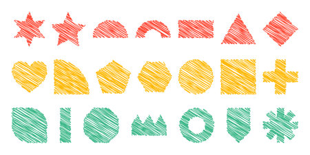 Set of doodle scribble colorful geometric shapes. Vector isolated elements on white background. Hand drawn scribble simple silhouette for trendy modern collages, for Black History Monthのイラスト素材