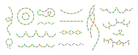 Set of Mardi Gras decorative elements - beads and bracelets, overhanging beaded jewelry. Festive vector illustrations isolated on white background, for holidays invitations. Beads and Throws.のイラスト素材