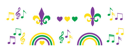 Mardi Gras carnival illustrations set, separate festive elements for festival, masquerade. Musical notes, symbol and sign fleur de lis. Shrove Tuesday, Fat Tuesday, celebration and march parade.のイラスト素材