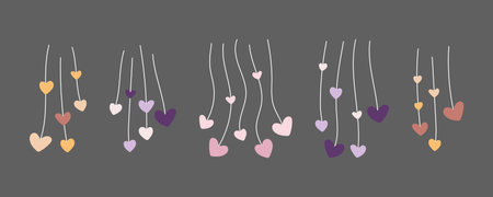 Cute hanging hearts. Love and Valentines day concept. Hand drawn hearts on lines. Trendy decorative elements for romantic template, greeting cards, stickers. Pastel boho baby hearts. Valentine's dayのイラスト素材