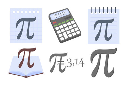 Pi Day illustrations set, annual celebration of the mathematical constant pi. Pi Day on March 14. International Day of Mathematics. PI set. Mathematics and arithmetic, calculations on calculator.のイラスト素材