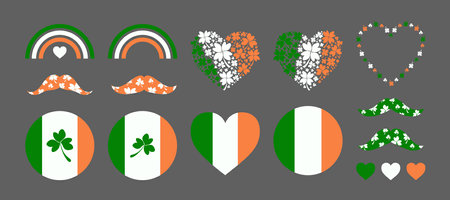 Irish decorative elements on St. Patrick Day - Irish Flag, mustache, rainbow. Traditional leaves - Clover and Shamrock. Irish leves heart for Saint Patrick's Day. Ireland flag and heart shape frame.のイラスト素材