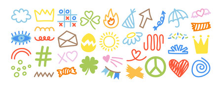 Hand drawn cute doodles set. Kids decorative elements - crown, abstract lines, heart. Collection of baby doodle illustrations isolated on white background - sun, cloud, pennants, umbrella and so on.のイラスト素材