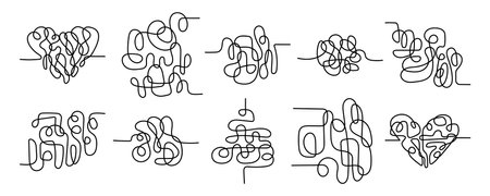 Messy lines set. Chaotic lines. Tangle of thoughts. Concept Plan B, Point B. Vector illustrations isolated on white background. Tangled lines set. Heart messy chaotic line.のイラスト素材