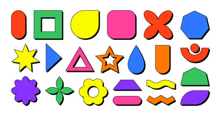 Neubrutalism geometric abstract shapes. Neobrutalism style. Retro Vintage shapes. Y2K. For stylish, modern, trendy and contemporary designs. For unique and colorful collages. Brutalism elements set.のイラスト素材