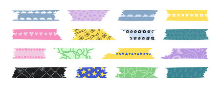 Washi Tapes set. Decorative patterned pieces of adhesive tape. Scrapbooking element for digital collages, journal, diary. Colorful patterned washi tape strips, cute decorative scotch tapes for plannerのイラスト素材