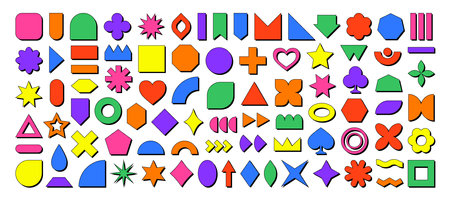 Brutalism elements big set. Neobrutalism style. Neubrutalism geometric abstract shapes. Y2K. Retro Vintage shapes. For bright modern, trendy and contemporary designs. For unique and colorful collages.のイラスト素材