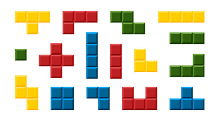 Tetris Game Blocks vector set. Colorful and geometric shapes reminiscent of classic video game. Ideal for gaming-related designs, retro themes, or creative projects aiming for nostalgic touch.のイラスト素材