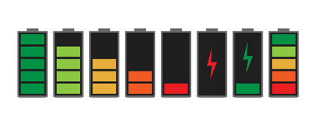 Batteries with different charge levels. Electric power accumulators set. Discharged and fully charged various level energy alkaline batteries set, vector illustration isolated on background.のイラスト素材