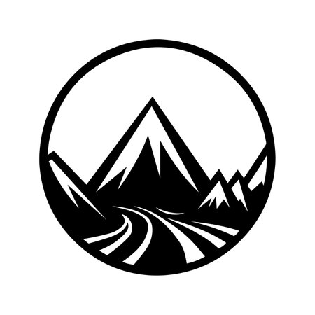 Adventure logo. Travel logo with mountains silhouette, symbolizing exploration, discovery, and wanderlust. Ideal for travel agencies or outdoor adventure brands. Black round icon with mountains.のイラスト素材