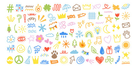 Cute doodles set. Kids decorative elements - abstract shapes. Collection of hand drawn baby doodle illustrations isolated on white background - sun, cloud, star. Crown, heart, flower doodle and so on.のイラスト素材