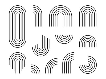 Minimal boho arch. Modern trendy decorative element rainbow arc collection. Contemporary nursery bohemian illustrations. Boho zen arch set. Simple line rainbows. Vector abstract shape, outline arc.のイラスト素材