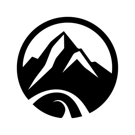 Adventure logo. Travel logo with mountains silhouette, symbolizing exploration, discovery, and wanderlust. Ideal for travel agencies or outdoor adventure brands. Black round icon with mountains.のイラスト素材