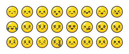 Emoji set. Cute yellow emotional faces. Set of colorful flat icons with different emotions and character. Sad and happy, funny and angry, laughing and crying. Round mood faces. Yellow emoticons.のイラスト素材