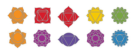 Chakra vector symbols signs, mystical esoteric, yoga and meditation. Buddhism, Hinduism. Set of...