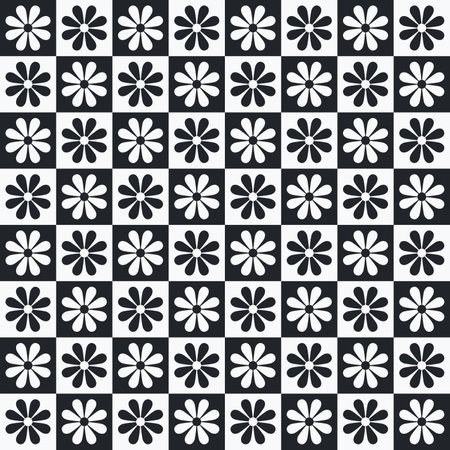 Floral geometric seamless pattern with simple flowers. Contrast black white botanical print, checkered natural background with retro vintage flowers. For Women's Day, for Mother's Day.のイラスト素材