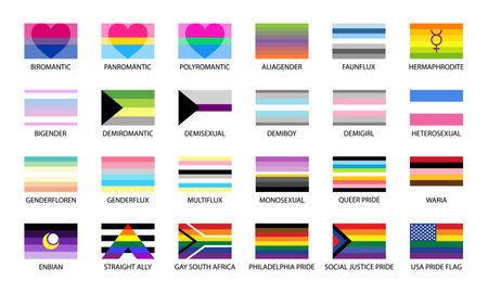 Set of lgbtqia community flags. Pride Day. LGBT Pride Month illustrations, LGBTQ concept. Gender equality and sexual identity, support for homosexuality. Icons flags set for International lgbtのイラスト素材