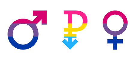 LGBT symbols, gender signs for bisexuality, pansexual symbol. LGBT flag signs symbols set. Pansexual sign. Bisexual male and female icons. PRIDE monthのイラスト素材