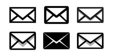 Mail icon set, various envelope designs. Ideal for email, communication, and messaging projects, black closed envelope icons, new message silhouette, mail e-mail sign or symbol. New letter black iconのイラスト素材