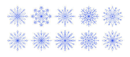 Outline snow flakes for winter design, decor. Blue snowflake icons set, winter vector illustration. Collection line art snowflakes, crystal ornament. Design element for new year, christmas cards.のイラスト素材