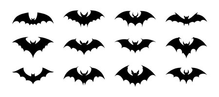 Black bats set, isolated on white background. Vector illustration, traditional Halloween decorative elements. Halloween bats silhouettes - for festive design decor for Halloween night party.のイラスト素材