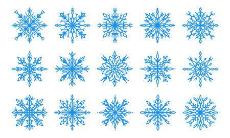 Blue snowflakes set, winter vector illustration. Collection line art snowflake icons, crystal ornament. Design element for new year, christmas cards. Outline hand drawn snow flakes. Winter atmosphere.のイラスト素材
