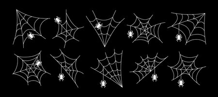 Set spider web with spiders, isolated on black background. Halloween line silhouettes white line spiderweb or cobweb - for design decor. Vector illustration, traditional Halloween decorative elements.のイラスト素材