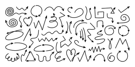 Hand-drawn simple black arrows. Doodle arrow elements. Arrows to create stylish trendy design or decor, direction indication. Vector illustrations isolated on white background. Hand drawn arrows setのイラスト素材