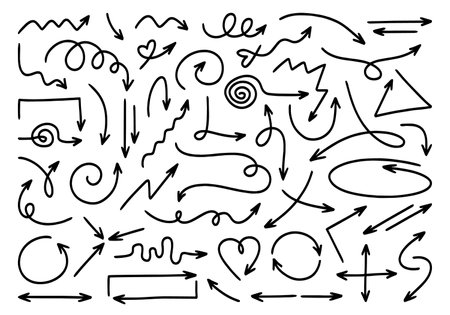 Hand-drawn simple black arrows. Doodle arrow elements. Arrows to create stylish trendy design or decor, direction indication. Vector illustrations isolated on white background. Hand drawn arrows setのイラスト素材