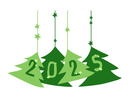Christmas green trees illustration with numbers 2025. New Year holidays, Christmas Eve - celebration and decoration, festive element. New Year decorative vector element, hanging green holiday trees.のイラスト素材