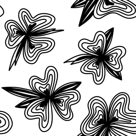Seamless pattern with black lined flowers. Floral texture. Abstract background, minimalist wallpaper, simple print for fabric, for textile and wrapping paper. Abstract wallpaper with black flowersのイラスト素材