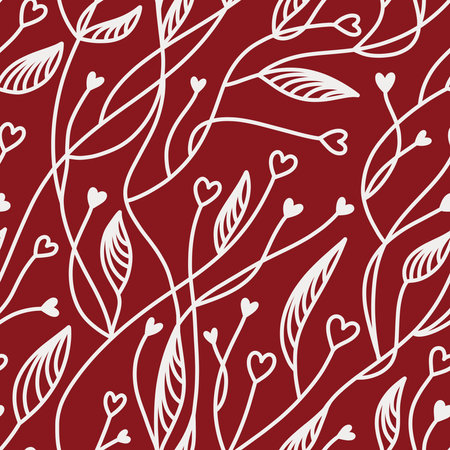 Hearts Leaves pattern, romantic print for Valentine's Day. Love texture, seamless pattern for Valentines day - simple romantic wallpaper with hand drawn hearts with leaves. White Red love background.の写真素材