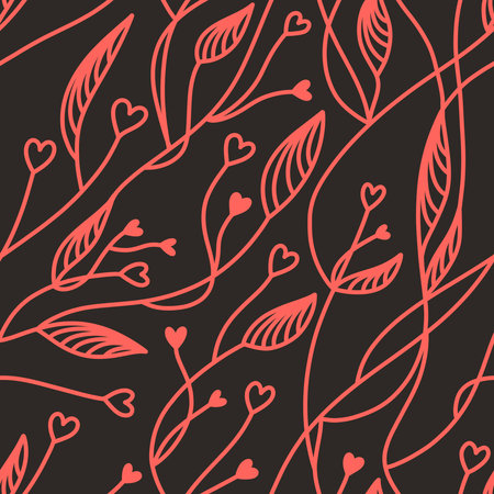 Hearts Leaves pattern, romantic print for Valentine's Day. Love texture, seamless pattern for Valentines day - romantic wallpaper with hand drawn lined hearts with leaves. Black Pink love background.の写真素材