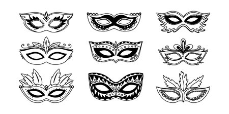 Black masquerade masks, for party, parade and carnival, for Mardi Gras and Halloween. Set of carnival masks silhouettes. Mardi Gras eye mask elements can be used as isolated sign, symbol or icon.のイラスト素材