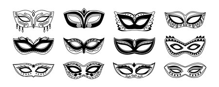 Mardi Gras eye mask elements set, isolated sign, symbol or icon. Black masquerade masks, for party, festival, parade and carnival, for Mardi Gras and Halloween. Set of carnival masks silhouettes.のイラスト素材
