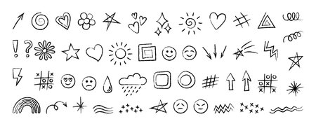 Big set of hand drawn cute doodles for kids. Collection of vector illustrations isolated on white background - hearts, smilies, arrows and so on. Decorative elements - flowers, stars and weather.のイラスト素材